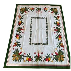 Vintage Christmas Tablecloth NOS Candle Mushroom Ornament Pinecone Green Border